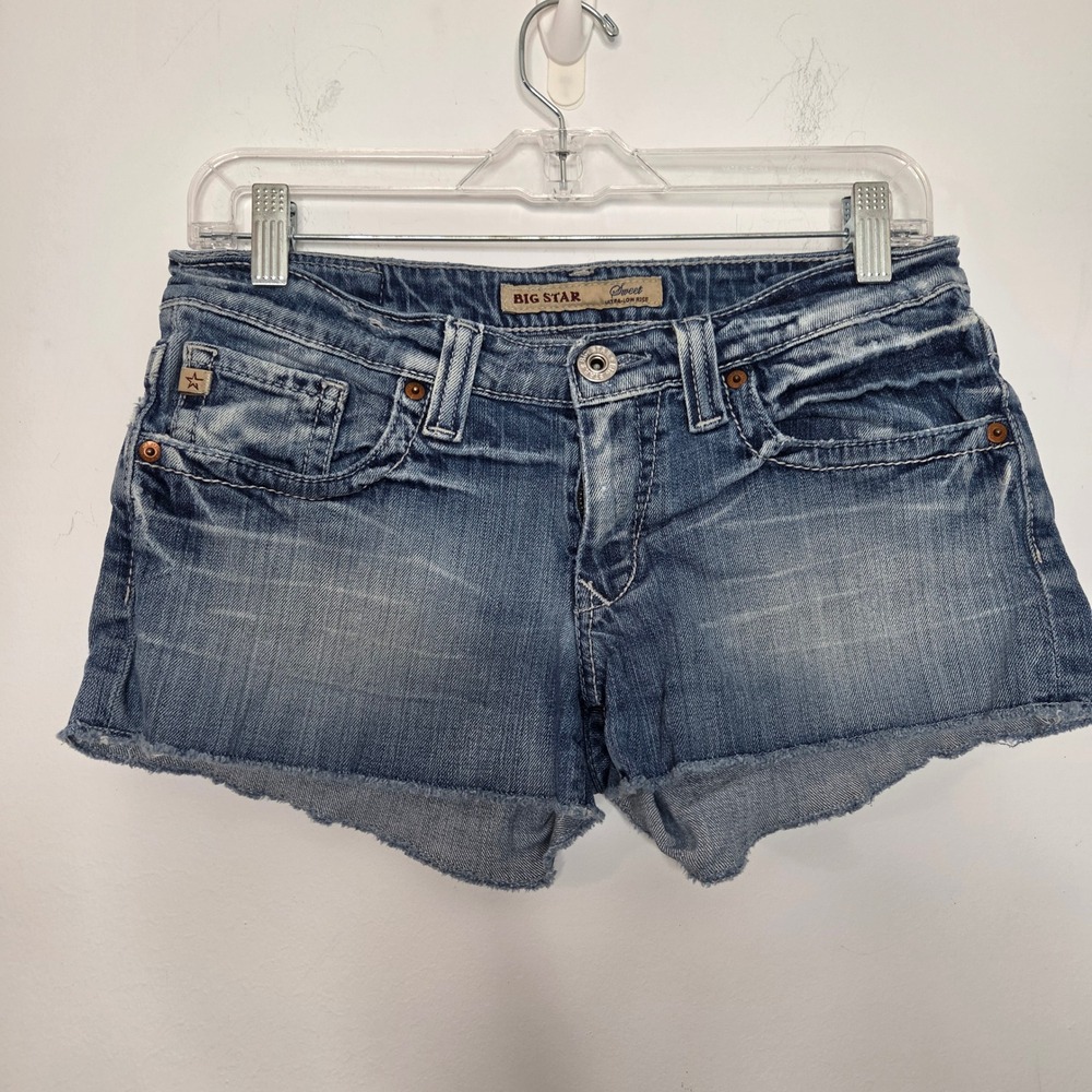 Big Star Sweet Ultra-Low Rise Denim Shorts Blue Medium Wash Cut Off Size 29